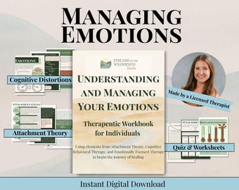 May include: A digital download titled "Understanding and Managing Your Emotions," a therapeutic workbook for individuals. The image includes the text "Managing Emotions," "Cognitive Distortions," "Attachment Theory," and "Quiz & Worksheets." A headshot of a therapist is also included.