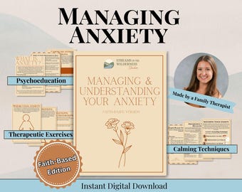 Könnte beinhalten: Digitaler Download mit dem Titel "Umgang mit und Verständnis Ihrer Angst" mit dem Text "Glaubensbasierte Version". Das Bild enthält unterstützende Materialien mit den Bezeichnungen "Psychoedukation", "Therapeutische Übungen" und "Beruhigungstechniken".
