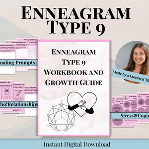 Puede incluir: Guía de crecimiento y cuaderno de trabajo digital para el Eneagrama Tipo 9, con el título en letras negras grandes. La portada presenta un corazón con manos, una forma geométrica y el texto "Workbook and Growth Guide". Páginas adicionales incluyen indicaciones de diario.