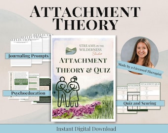 Puede incluir: Imagen que promociona "Attachment Theory & Quiz" de Streams in the Wilderness Studio. El diseño incluye una ilustración en acuarela de una pareja, indicaciones para escribir en un diario, materiales de psicoeducación y un cuestionario. El texto incluye "Made by a Licensed Therapist."