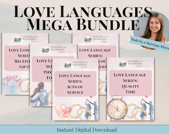 Puede incluir: Un paquete de descarga digital titulado "Love Languages Mega Bundle". La imagen presenta varias guías digitales rosas y blancas con títulos como "Recibir regalos" y "Tiempo de calidad". El texto "Descarga digital instantánea" está en la parte inferior.