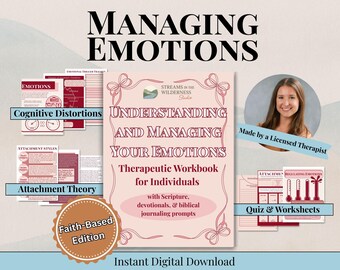 Könnte beinhalten: Ein digitales Arbeitsbuch mit dem Titel "Verstehen und Bewältigen Ihrer Emotionen" mit dem Text "Therapeutisches Arbeitsbuch für Einzelpersonen". Das Cover ist hellrosa mit dekorativen Schleifen. Enthält Arbeitsblätter zu kognitiven Verzerrungen und Bindungstheorie.