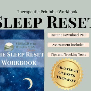 Könnte beinhalten: Ein digitales Arbeitsbuch mit dem Titel "Sleep Reset" mit einem Nachthimmel-Design. Das Cover zeigt den Text "The Sleep Reset Workbook" und die Worte "Sleep Reset" in großen, fetten Buchstaben. Zusätzlicher Text enthält "Instant Download PDF", "Assessment Included" und "Tips and Tracking Tools."