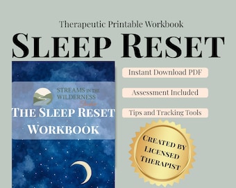 Cahier d'exercices Sleep Reset, routine du coucher, journal d'hygiène du sommeil, conseils de relaxation thérapeutique, dépannage du sommeil, cycles du sommeil