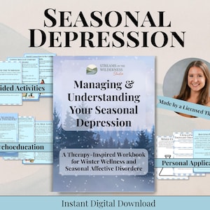 Puede incluir: Un cuaderno digital titulado "Gestionar y comprender su depresión estacional" con una escena de bosque invernal. La imagen incluye el texto "Un cuaderno de trabajo inspirado en la terapia para el bienestar invernal y el trastorno afectivo estacional" y "Descarga digital instantánea".