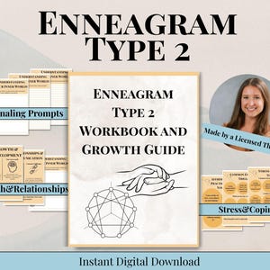 Puede incluir: Un libro de trabajo y guía de crecimiento del Eneagrama Tipo 2 con el texto "Enneagram Type 2 Workbook and Growth Guide". La imagen incluye indicaciones de diario, guías de crecimiento y relaciones, y manejo del estrés. La imagen también incluye el texto "Instant Digital Download".