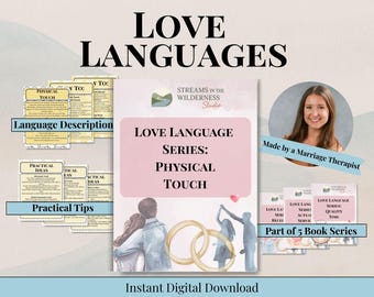 Op de afbeelding: Digitale download getiteld "Love Languages Series: Physical Touch". De afbeelding toont een roze en wit ontwerp met illustraties van stellen en trouwringen. Tekst bevat "Language Description" en "Practical Tips".