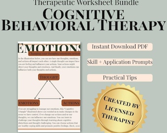 CBT worksheets bundle, cognitive triangle, distortions, triggers, emotions list, therapist created mental health PDF digital download