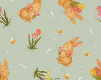 May include: A repeating pattern featuring watercolour illustrations of smiling brown bunnies with pink bows, tulips, and bees on a sage green background. The text "large scale | sage mist 3600 x 3600 px" is visible.