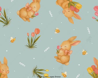 May include: A repeating pattern with watercolour illustrations of rabbits, tulips, and bees on a pale blue background. The rabbits have pink bows and hold flowers. The text "large scale | aqua breeze 3600 x 3600 px" is at the bottom.