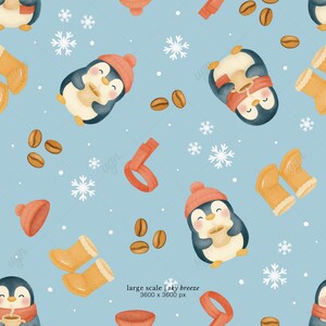 May include: A repeating pattern on a light blue background featuring cartoon penguins wearing red hats and scarves, holding coffee cups. Also includes coffee beans, snowflakes, and orange boots. The text "large scale | sky breeze 3600 x 3600 px" is in the bottom right.