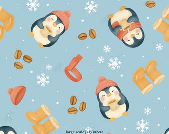 May include: A repeating pattern on a light blue background featuring cartoon penguins wearing red hats and scarves, holding coffee cups. Also includes coffee beans, snowflakes, and orange boots. The text "large scale | sky breeze 3600 x 3600 px" is in the bottom right.
