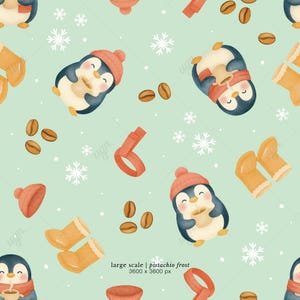May include: A repeating pattern of watercolor illustrations on a pistachio green background. The design features penguins wearing red hats and scarves, holding coffee cups, along with coffee beans, snowflakes, and winter boots.