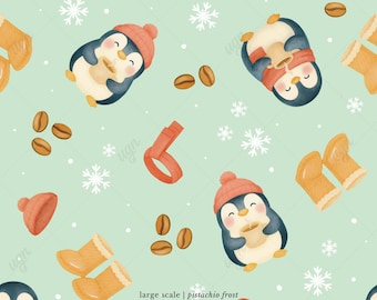 May include: A repeating pattern of watercolor illustrations on a pistachio green background. The design features penguins wearing red hats and scarves, holding coffee cups, along with coffee beans, snowflakes, and winter boots.