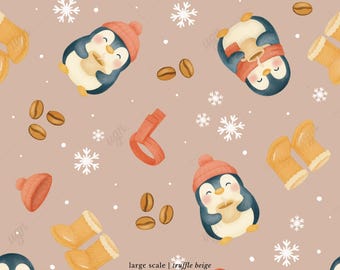 May include: A repeating pattern on a truffle beige background featuring cartoon penguins wearing hats and scarves, holding coffee cups. Also includes coffee beans, snowflakes, and winter boots. The text "large scale | truffle beige 3600 x 3600 px" is in the bottom right.