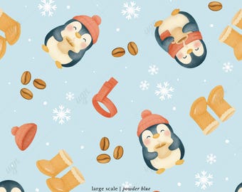 May include: A repeating pattern on a powder blue background features cartoon penguins wearing orange hats and scarves, holding coffee cups. The design includes coffee beans, snowflakes, and orange winter boots. The text "large scale | powder blue 3600 x 3600 px" is at the bottom.