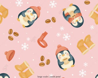 May include: A repeating pattern on a pink background featuring cartoon penguins wearing hats and scarves, holding coffee cups. The design includes coffee beans, snowflakes, and winter accessories. The text "large scale | sunlit petal 3600 x 3600 px" is at the bottom.