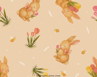 May include: A repeating pattern with watercolour illustrations of rabbits, tulips, and bees on a honey cream background. The rabbits have pink bows and hold flowers. The text "large scale | honey cream 3600 x 3600 px" is at the bottom.