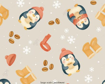 May include: A repeating pattern featuring watercolor illustrations of penguins wearing red hats and scarves, holding coffee cups. The design includes coffee beans, snowflakes, orange mittens, and boots on a light beige background.