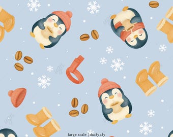 May include: A repeating pattern on a light blue background featuring cartoon penguins wearing orange hats and scarves, holding coffee cups. Also includes coffee beans, snowflakes, and orange winter boots. The text "large scale | dusky sky 3600 x 3600 px" is at the bottom.