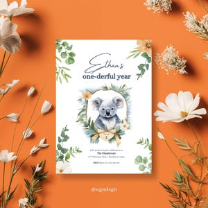 Bewerkbare koala-verjaardagsuitnodiging – Aussie Animal-verjaardagsuitnodiging – 1e verjaardag – elke leeftijd – genderneutraal – Canva – direct downloaden