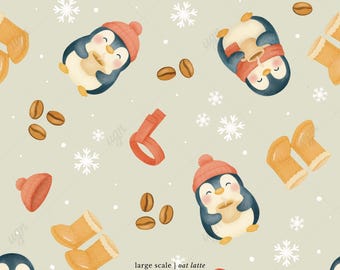 May include: A repeating pattern featuring watercolor illustrations of penguins wearing red hats and scarves, holding coffee cups. The design includes coffee beans, snowflakes, and winter accessories on a light green background. The text "large scale | oat latte 3600 x 3600 px" is visible.