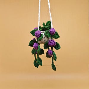 May include: A hanging crochet planter with purple flowers and green leaves. The planter is a light beige color and is suspended by a white rope. The flowers are a deep purple, and the leaves are a vibrant green.