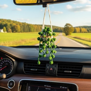 Può includere: Un ciondolo per auto all'uncinetto verde a forma di pianta a collana di perle, appeso allo specchietto retrovisore di un'auto. Il ciondolo è sospeso da un cordino color crema. Il cruscotto dell'auto è visibile, con una strada e alberi sullo sfondo.