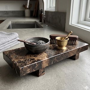Footed Emperador Dark Marble Display Tray | Pedestal Stand