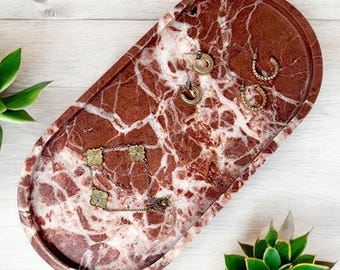 French Red Natural Marble Decorative Tray  | Oval Shaped Jewellery Tray