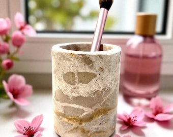 Beige Marble Toothbrush Mug | Natural Stone Pot | Makeup Brush Holder | Bathroom Organiser