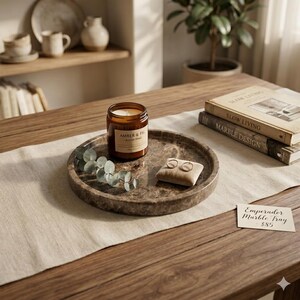 Puede incluir: Una bandeja redonda de m&aacute;rmol marr&oacute;n con una vela, una ramita de eucalipto y una peque&ntilde;a almohada con dos anillos. La vela est&aacute; en un tarro de cristal con la etiqueta "Amber & Fig". La bandeja est&aacute; sobre una mesa de madera.