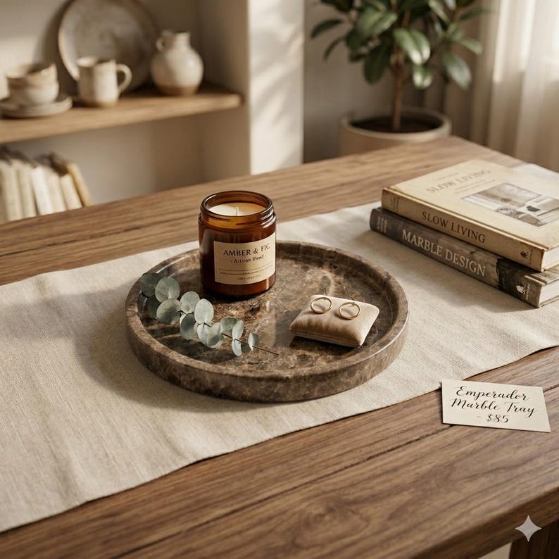 Puede incluir: Una bandeja redonda de m&aacute;rmol marr&oacute;n con una vela, una ramita de eucalipto y una peque&ntilde;a almohada con dos anillos. La vela est&aacute; en un tarro de cristal con la etiqueta "Amber & Fig". La bandeja est&aacute; sobre una mesa de madera.