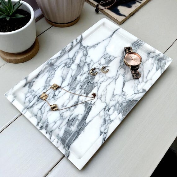 Arabescato White & Grey Genuine Marble Tray | Decorative Rectangular Tray