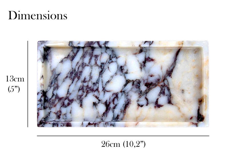 May include: Rectangular marble tray with a white and purple veined pattern. The tray is 10.2 inches long and 5 inches wide. The dimensions are displayed in the image. The tray is a decorative item.