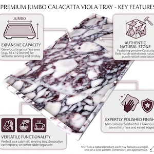 May include: A rectangular Calacatta Viola marble tray with a white and purple-violet pattern. The tray has a generous surface area of approximately 46 x 30 cm, suitable for serving or display. The tray is expertly polished with eased edges.