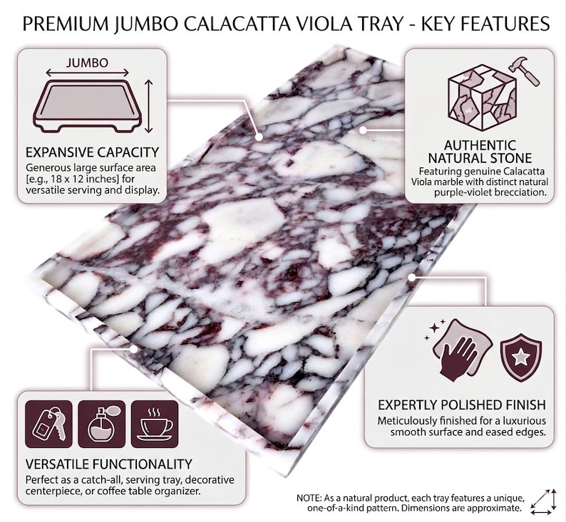 May include: A rectangular Calacatta Viola marble tray with a white and purple-violet pattern. The tray has a generous surface area of approximately 46 x 30 cm, suitable for serving or display. The tray is expertly polished with eased edges.