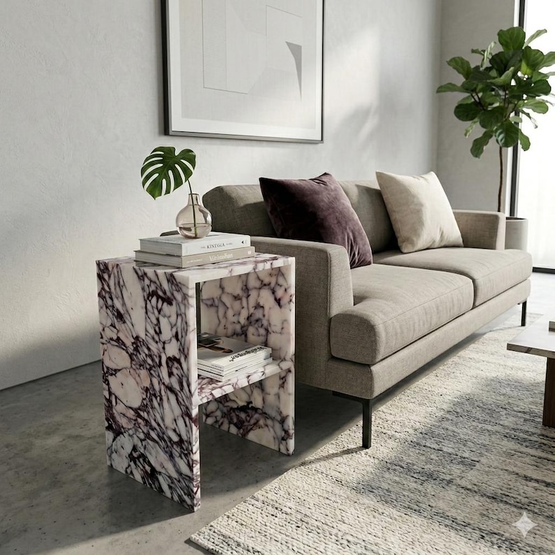 Calacatta Viola Genuine Marble Side Table | Open Shelf Nightstand image 8
