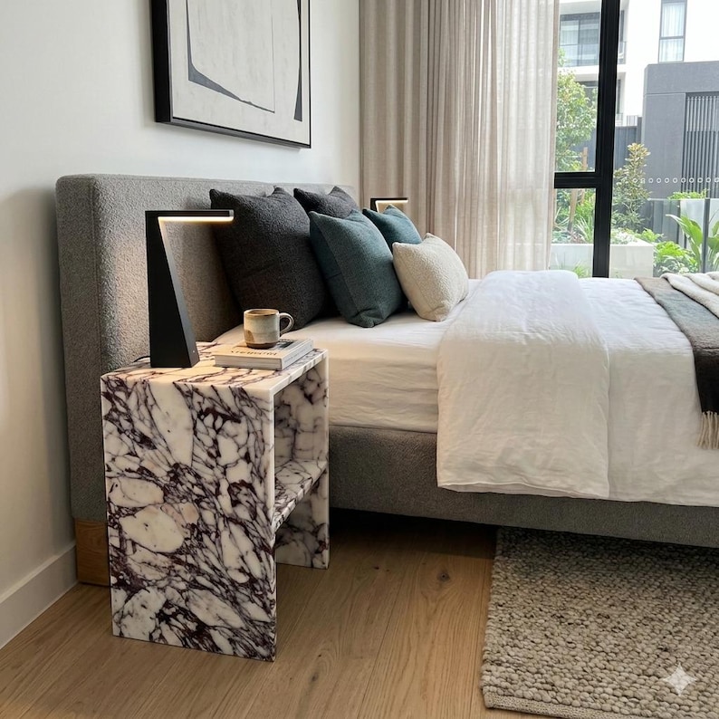 Calacatta Viola Genuine Marble Side Table | Open Shelf Nightstand image 2