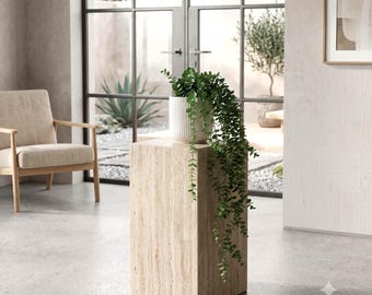 Natural Beige Travertine End Table | Luxury Stone Pedestal