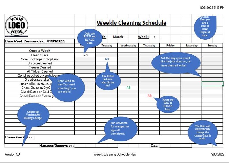 Weekly Cleaning Schedule Template – Editable HACCP Log for Restaurants ...
