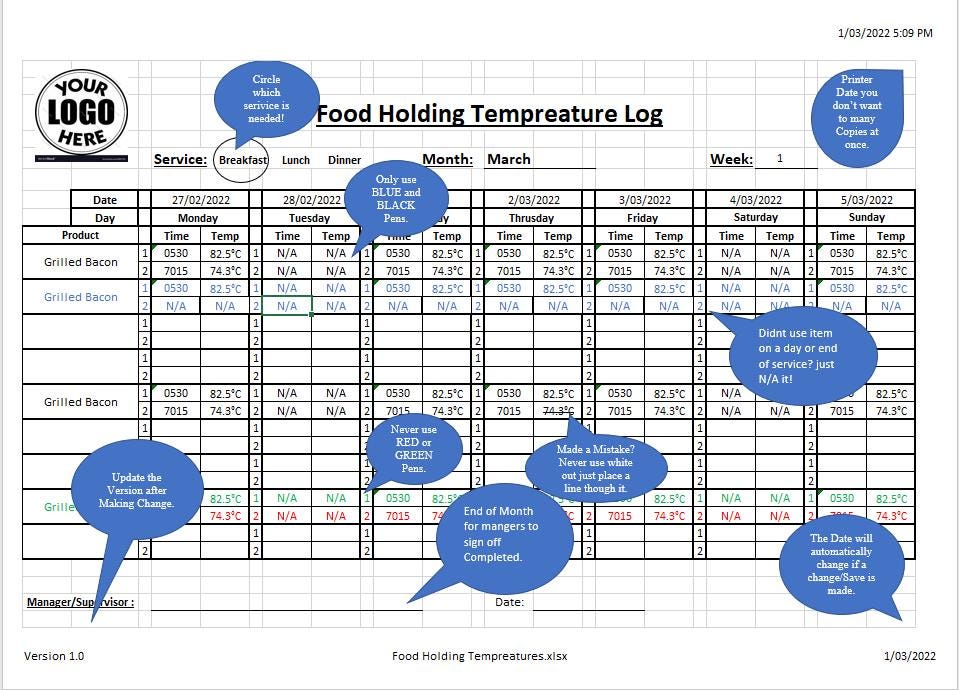 Food Holding Temperature Log Template – HACCP Compliant Printable for ...