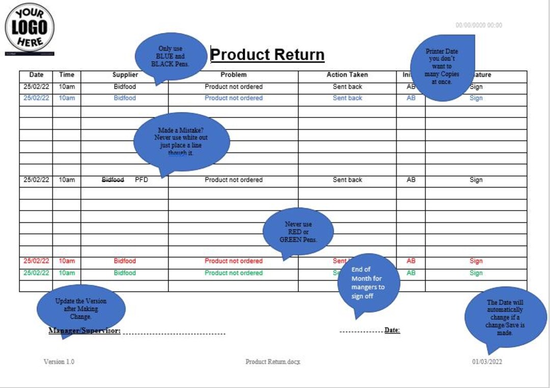 Product Return Log Template Editable HACCP Form For Restaurants And product-return-log-template-editable-haccp-form-for-restaurants-and