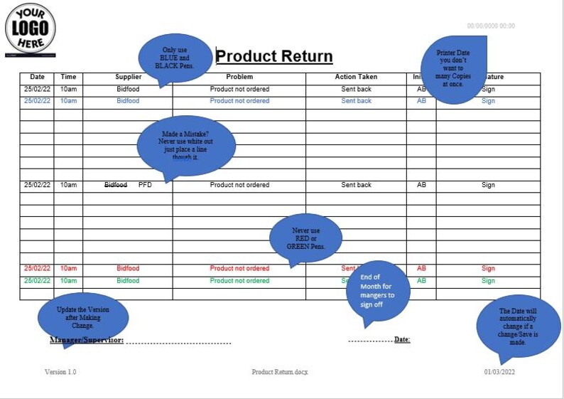 Product Return Log Template – Editable HACCP Form for Restaurants and ...