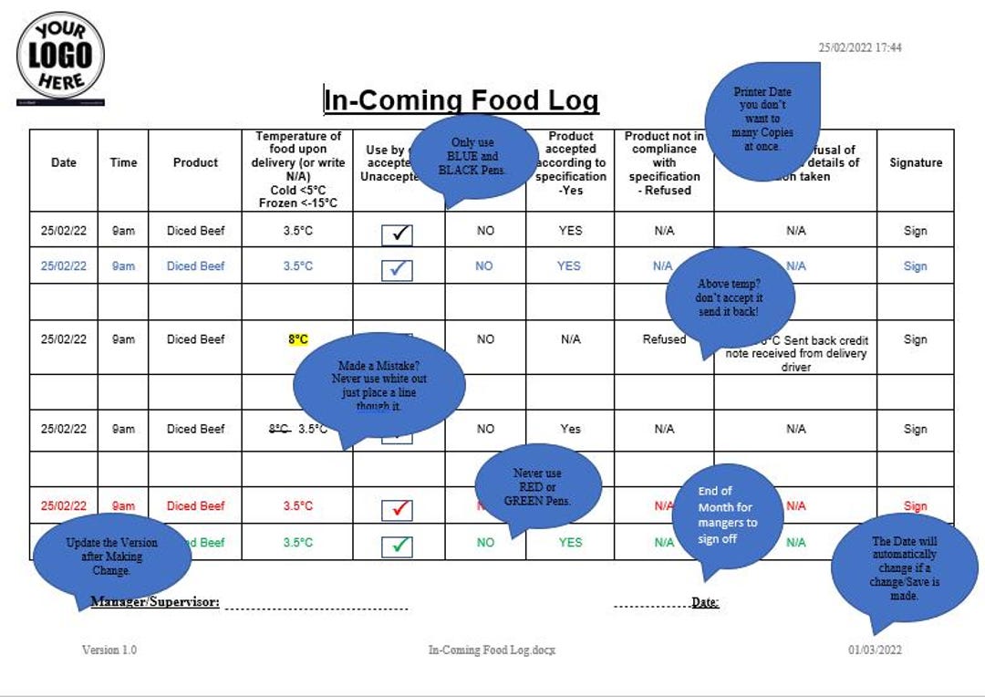 Delivery Log Proqual Example Incoming Food Delivery Log Template – HACCP Printable for Restaurants ...