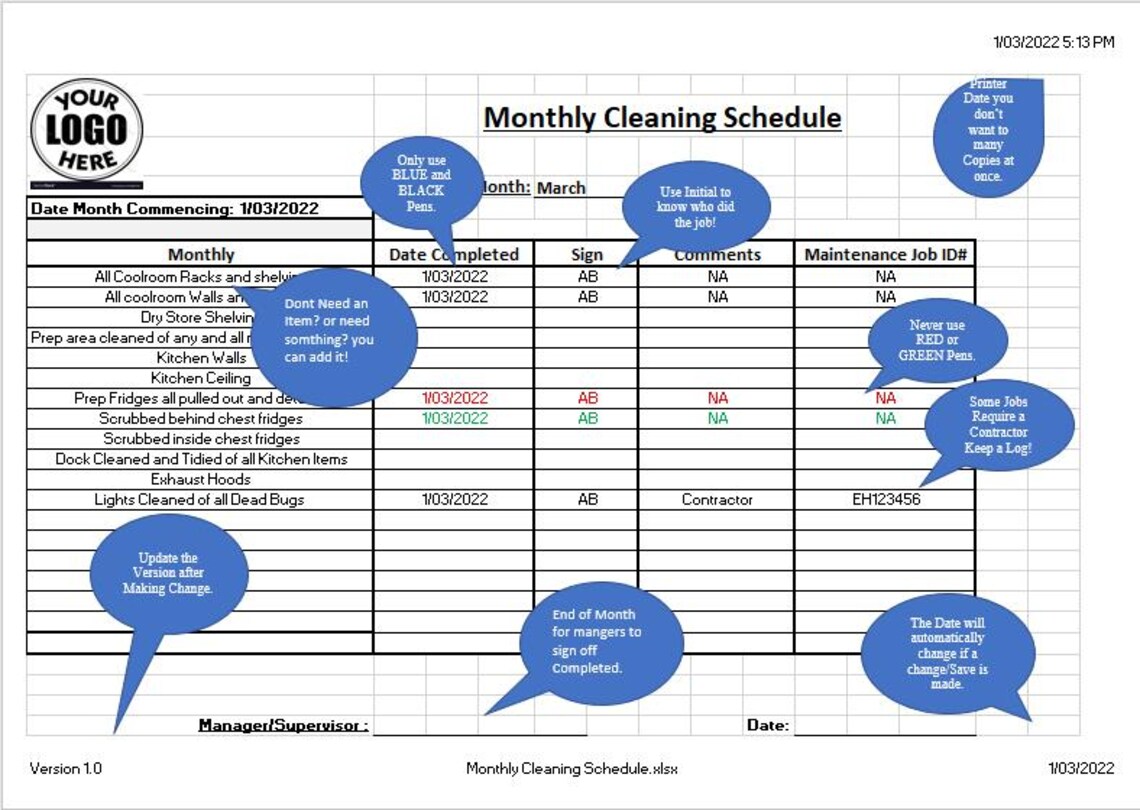 Monthly Cleaning Schedule Template – HACCP Compliant Log for Cafes and ...