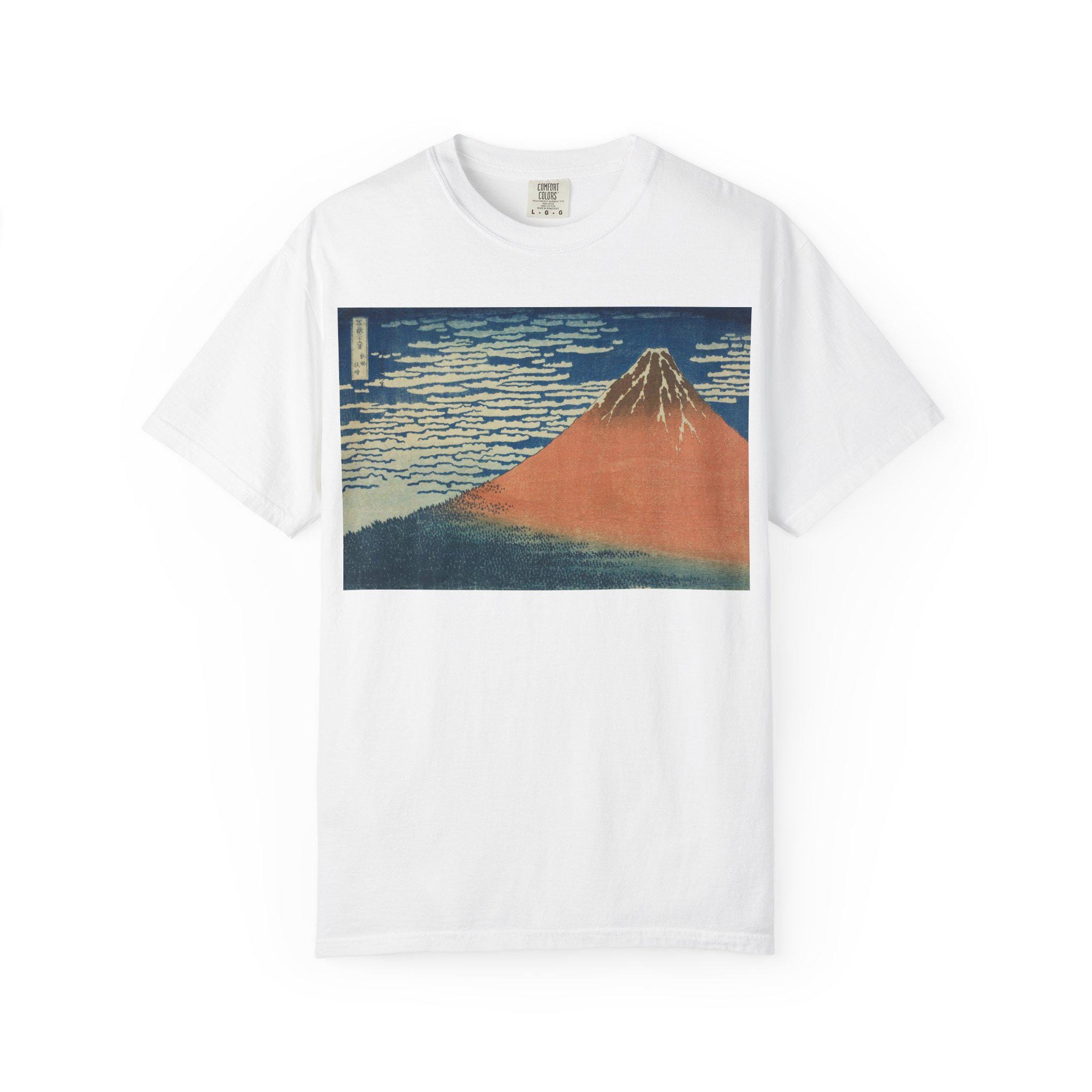 Red Fuji (A Mild Breeze on a Fine Day) by Katsushika Hokusai - Japanese Ukiyo-e Art T-Shirt - Unisex Garment-Dyed Tee - Detailed view 2 showing the premium acrylic print quality and craftsmanship