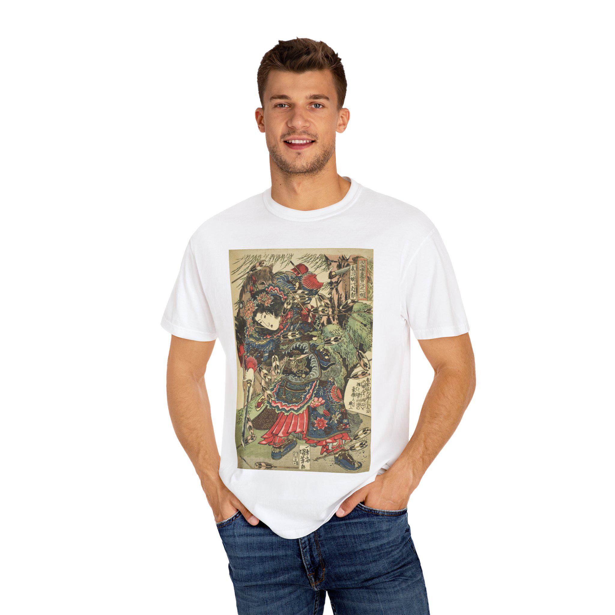 Hu Sanniang by Utagawa Kuniyoshi - Edo Period Warrior Woman Ukiyo-e - Japanese Suikoden Art - Unisex Garment-Dyed T-shirt - Detailed view 8 showing the premium acrylic print quality and craftsmanship