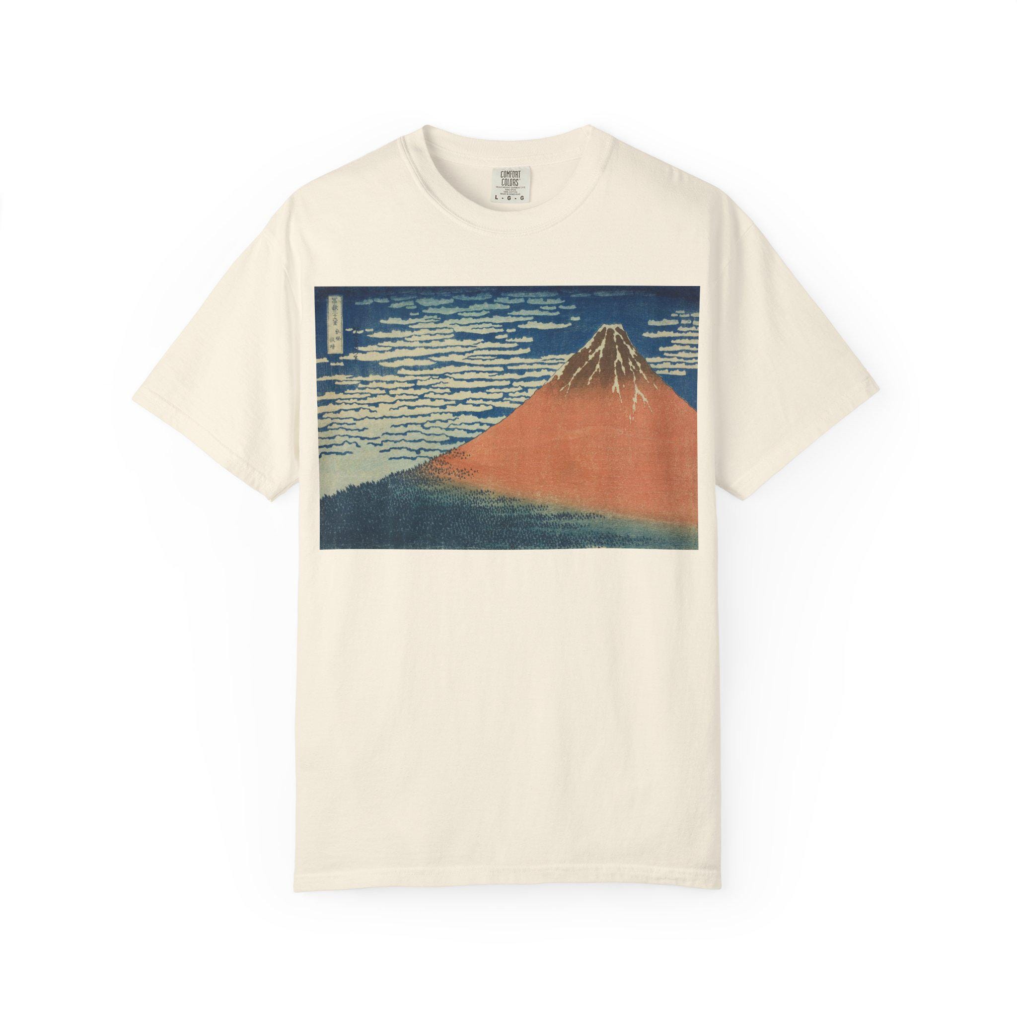 Red Fuji (A Mild Breeze on a Fine Day) by Katsushika Hokusai - Japanese Ukiyo-e Art T-Shirt - Unisex Garment-Dyed Tee - Detailed view 3 showing the premium acrylic print quality and craftsmanship
