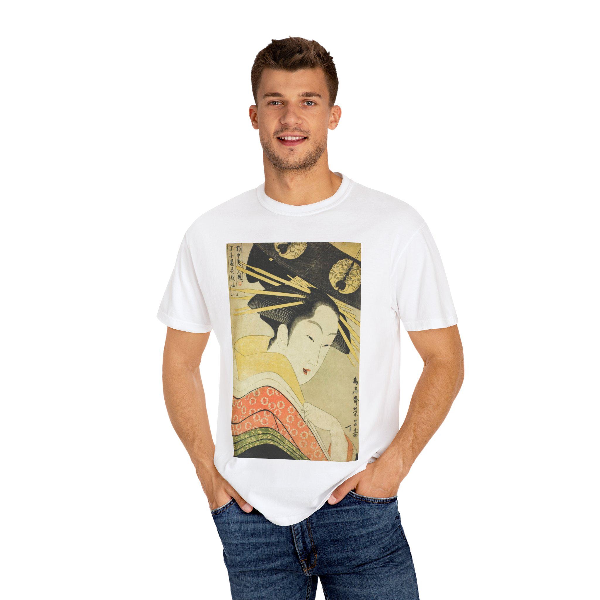 Misayama of the Chojiya by Chokosai Eisho - Edo Period Ukiyo-e Beauty Print T-Shirt - Licensed Quarter Courtesan Series - Detailed view 8 showing the premium acrylic print quality and craftsmanship